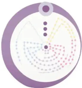 Ilustración circular con motivos de chaquira: cuentas de colores dispuestas en arcos concéntricos, como adorno tradicional.