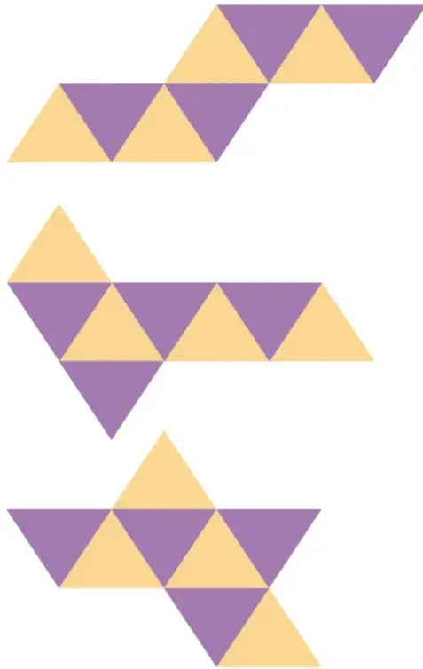 Cuatro desarrollos planos distintos del octaedro, cada uno formado por 8 triángulos equiláteros congruentes en amarillo y morado, dispuestos en diferentes arreglos.