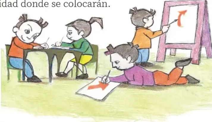 Ilustración de cuatro niños en el salón elaborando carteles: dos escriben sentados en una mesa, uno acostado dibuja en el piso y otro pinta en un caballete; créditos a José Francisco Bravo Moreno, Ciudad de México.