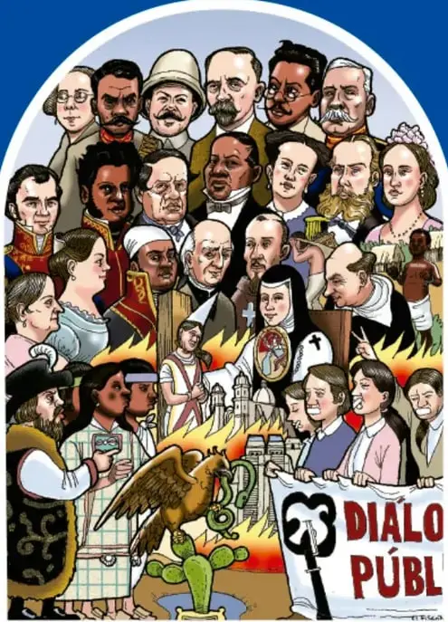 Ilustración con marco en arco que reúne caricaturas de personajes históricos mexicanos (conquistadores, virreyes, figuras del siglo XIX y XX), un águila sobre un nopal, llamas y un estandarte con la frase 'DIÁLOGO PÚBLICO', firmada por el Fisgón.