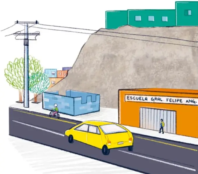 Ilustración de Mariana Flores Serrano (Ciudad de México) que muestra una calle con una escuela (Escuela Gral. Felipe Ángeles), un auto amarillo, una vivienda en ladera y postes eléctricos, representando una comunidad con riesgos de deslizamiento.