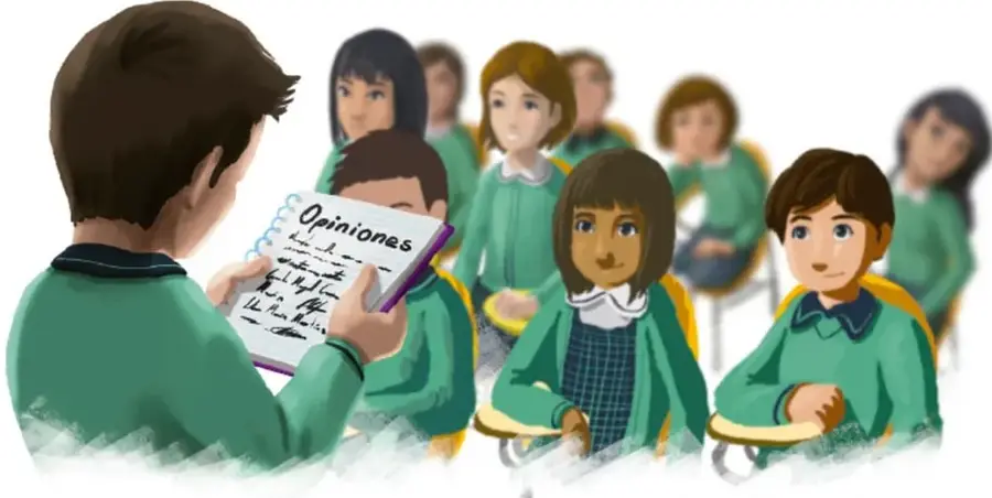 Ilustración de un estudiante de espaldas sosteniendo un cuaderno con la palabra "Opiniones" mientras sus compañeros, sentados en círculo, lo escuchan atentamente.