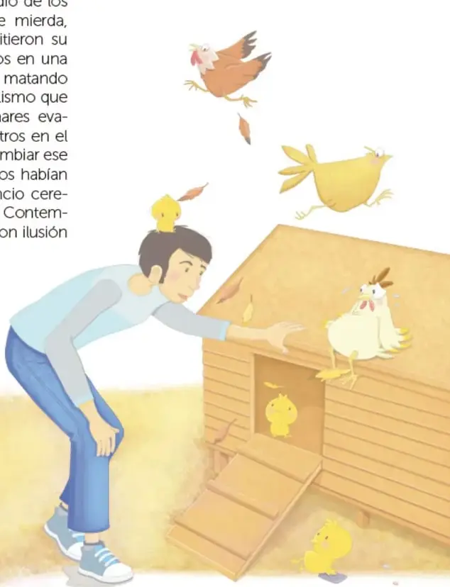 Ilustración de aves de corral volando y un pollito amarillo sobre la cabeza de un joven.