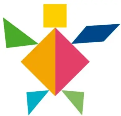 Silueta de una persona armada con piezas de tangram: cuadrado amarillo como cabeza, figuras naranja y rosa como cuerpo, y triángulos verdes, azul y verde limón como brazos y pies.