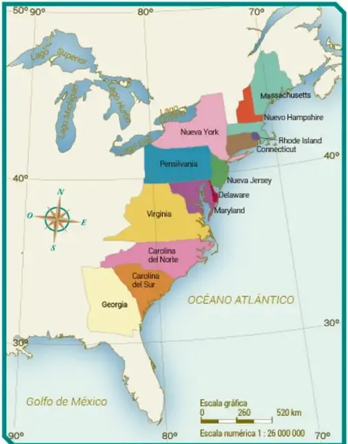 Mapa de las Trece Colonias con división política y escala.