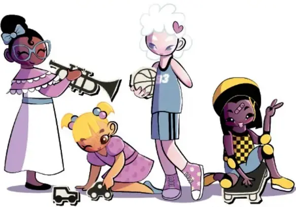 Ilustración de cuatro niñas y niños: una niña toca la trompeta, otra juega con carritos, un niño sostiene un balón de básquetbol y otra niña usa una patineta. Crédito: Esperanza Mendoza Bravo, PUEBLA.
