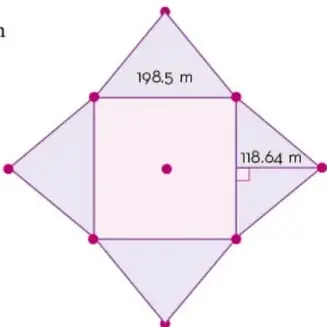 Desarrollo plano de una pirámide de base cuadrada con lado 198.5 m y apotema 118.64 m.