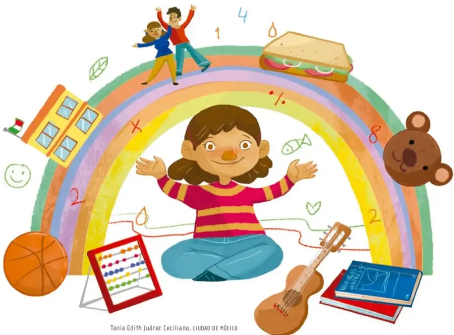 Ilustración de una niña sentada en cruz de piernas bajo un arcoíris, con los brazos abiertos, rodeada de objetos que simbolizan necesidades y talentos: una escuela, un balón de baloncesto, un ábaco, una guitarra, libros, un oso de peluche, un sándwich, dos niños jugando y símbolos numéricos. Crédito: Tania Edith Juárez Ceciliano, Ciudad de México.