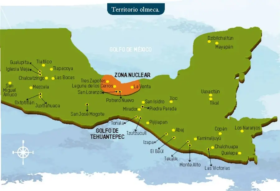 Mapa del territorio olmeca con el golfo de México, el golfo de Tehuantepec, la zona nuclear en color naranja y numerosos sitios arqueológicos marcados con puntos amarillos.