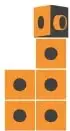 Tres opciones de figuras: una anaranjada de 4 cuadrados, una roja horizontal de 6 cuadrados y una roja vertical de 7 cuadrados.