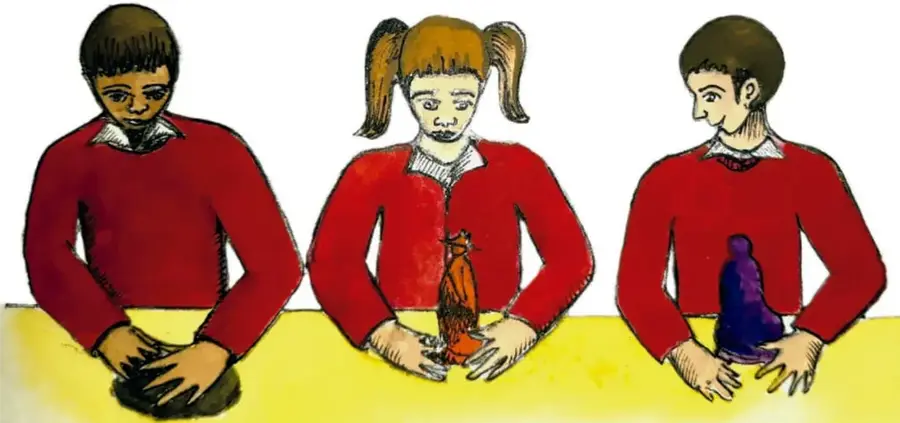 Ilustración de tres estudiantes con suéteres rojos sentados tras una mesa amarilla; sostienen figuras de barro y parecen preparar una presentación.