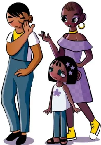 Ilustración de una mujer adulta y una niña afrodescendientes; la niña tiene una flor en el cabello y expresión de tristeza. Representa la escena del testimonio de Marina.