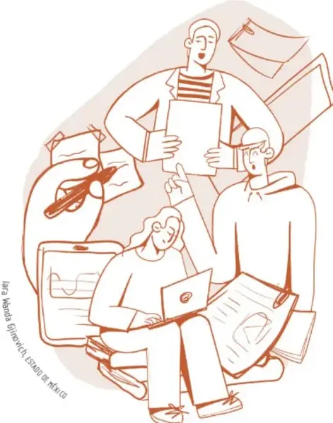 Ilustración de un equipo de estudiantes presentando su proyecto con laptops, cuadernos y gráficas, firmada por Ita Kobiela Grinovich, Estado de México.
