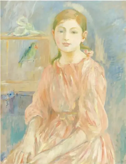 Obra 'La hija del artista con un periquito' (1890): retrato de una joven de vestido rosado con un periquito verde en una jaula.
