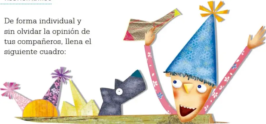 Ilustración de un personaje con gorro de fiesta azul, brazos levantados y expresión alegre, junto a otros gorros de colores sobre una mesa; representa la celebración del cierre del proyecto.