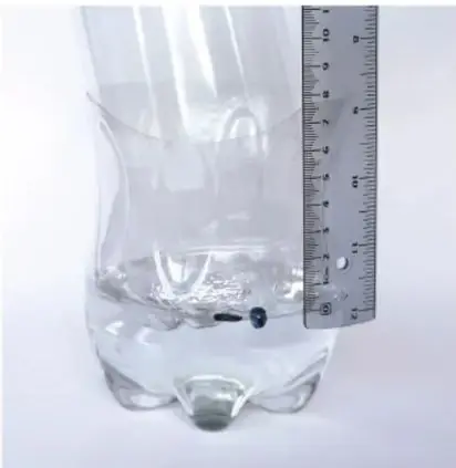 Botella transparente con agua y una regla metálica junto a ella, mostrando el desplazamiento del agua al introducir la masa patrón y la marca del nivel.