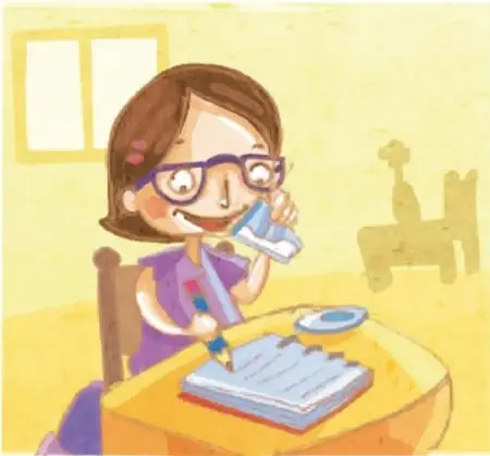 Ilustración de una niña con lentes y suéter morado que escribe en un cuaderno mientras sostiene un vaso, sentada junto a una mesa.