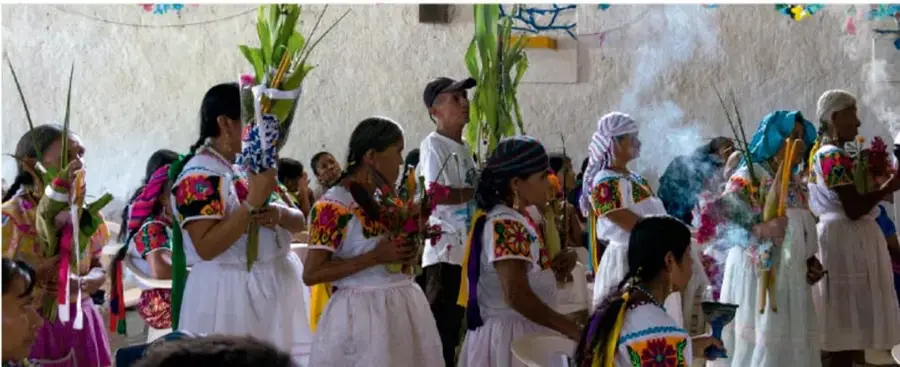 Fotografía de una comunidad indígena en ceremonia: mujeres con huipiles blancos bordados y velas, ofrendas y plantas (cañas de maíz), con humo de copal o incienso en un espacio ceremonial.