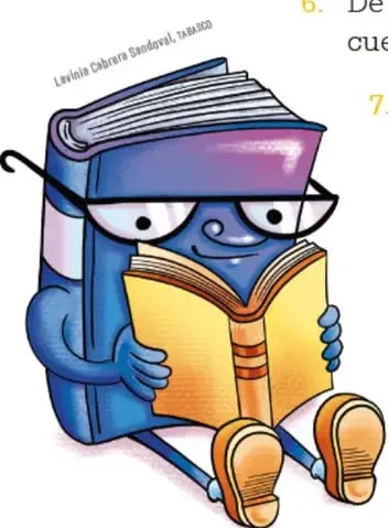 Personaje animado: un libro azul con ojos, lentes y brazos, sentado y leyendo un libro abierto de color amarillo. Lleva el crédito 'Leticia Ceballos Sandoval, TAMAULIPAS'.
