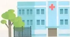 Edificio con espacios verdes, un símbolo de atención médica, paneles solares y aerogeneradores.
