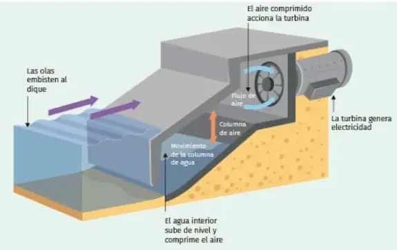 Esquema 3D de una columna de agua oscilante: las olas embisten al dique, el agua sube y comprime el aire, el aire comprimido acciona la turbina que genera electricidad.