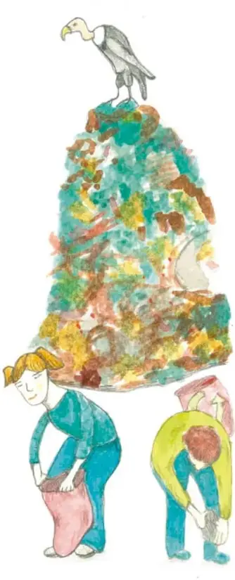 Ilustración con un ave posada sobre un montículo de colores y dos personas recolectando residuos en bolsas; crédito a Adriana García Torres, Ciudad de México.