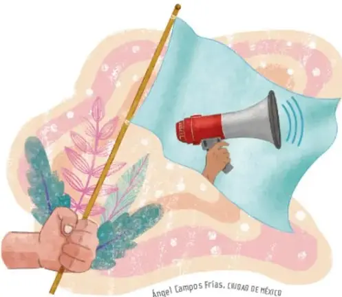 Ilustración de una mano que sostiene una bandera turquesa con un megáfono rojo y blanco que emite ondas sonoras, rodeada de hojas y formas pastel; crédito: Ángel Campos Frías, Ciudad de México.