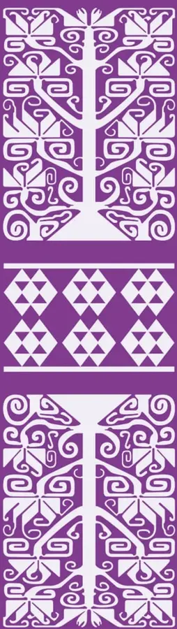 Patrón decorativo con figuras geométricas y motivos prehispánicos en blanco sobre fondo morado. Incluye una columna con diseños que recuerdan grecas y un árbol estilizado, así como una franja con rombos y triángulos.