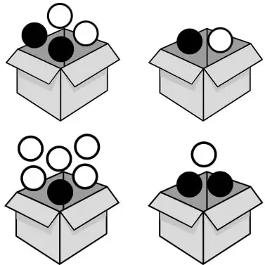 Cuatro cajas con distintas combinaciones de pelotas blancas y negras.