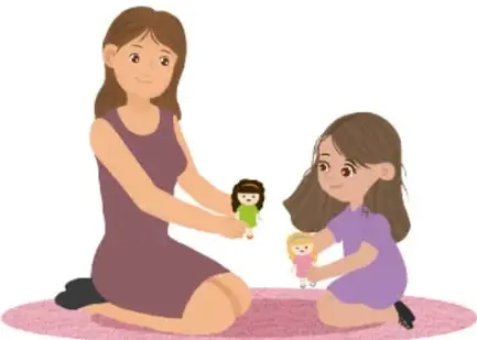 Ilustración de una mujer adulta y una niña jugando con muñecas sobre una alfombra rosa. La mujer sostiene una muñeca y la niña otra. Al pie: 'María José Salas González, JALISCO'.