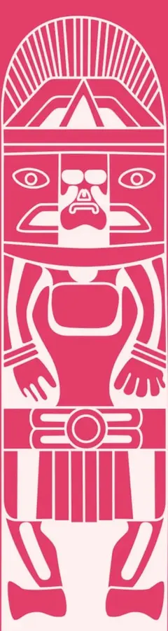 Ilustración estilizada en blanco sobre fondo rosa que representa una figura prehispánica o mesoamericana: rostro con tocado radial, brazos extendidos y cuerpo segmentado con grecas y un círculo central a manera de pectoral. Funciona como imagen de apertura del bloque temático.