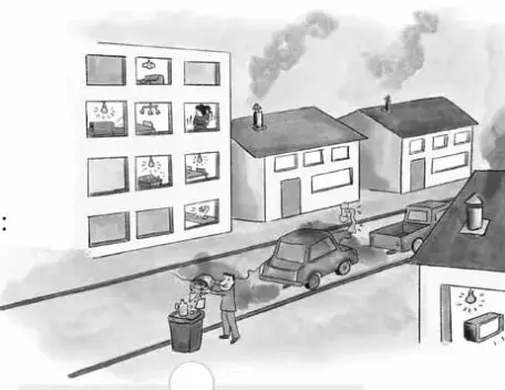 Ilustración de una ciudad con edificios, autos, chimeneas humeantes y personas botando basura, representando la contaminación urbana.