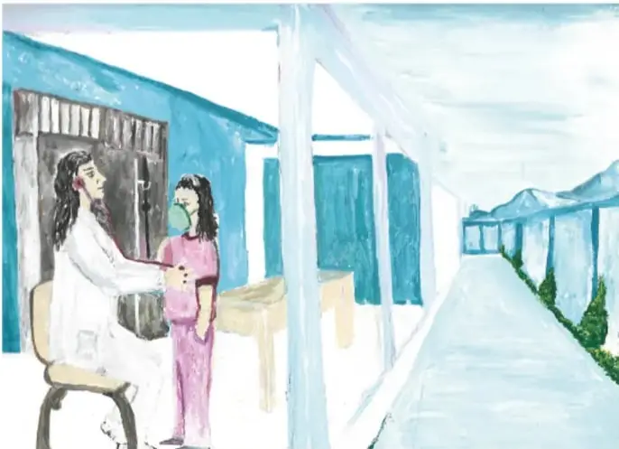 Pintura de Abdón Pinedo García (Zacatecas): una doctora de bata blanca sentada revisa con el estetoscopio a una niña de ropa rosada que usa cubrebocas, en un pasillo azul de hospital con una banca y árboles vistos por la ventana.