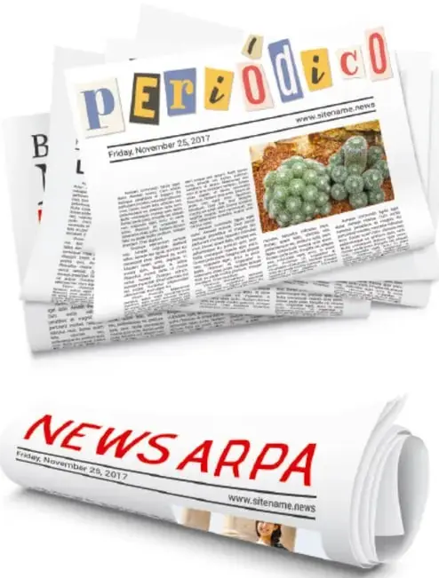 Pila de periódicos con titulares recortados tipo "Periódico" y "News Arpa", con fotografías de cactus y noticiero.