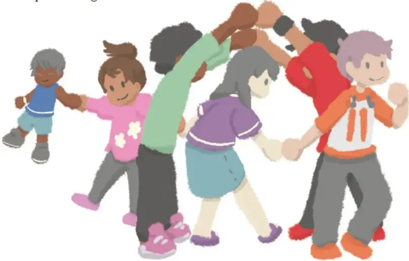 Ilustración de un grupo de niños y niñas diversos tomados de las manos, formando un círculo o túnel con sus brazos levantados, jugando cooperativamente.