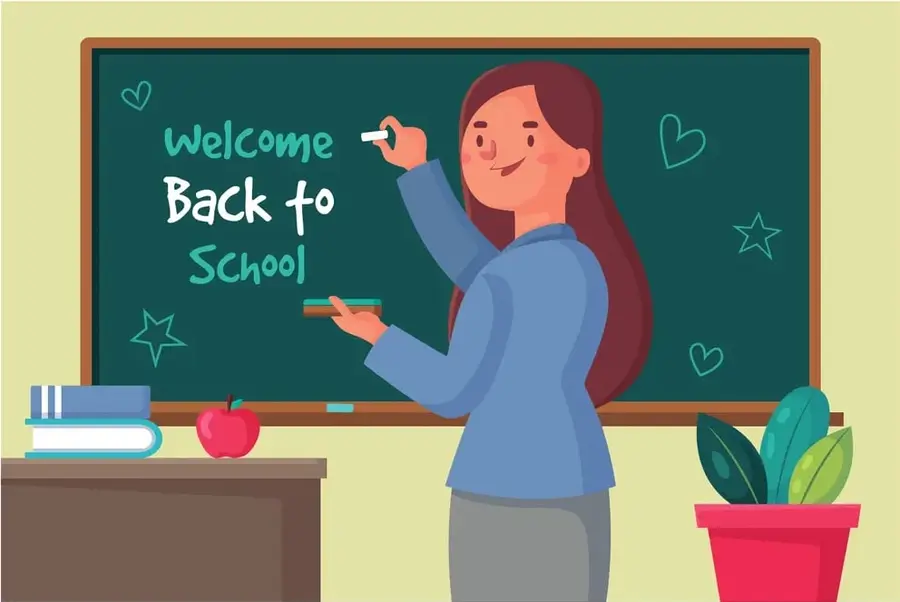 Ilustración de una maestra escribiendo 'Welcome Back to School' en una pizarra verde, con libros, manzana y planta.
