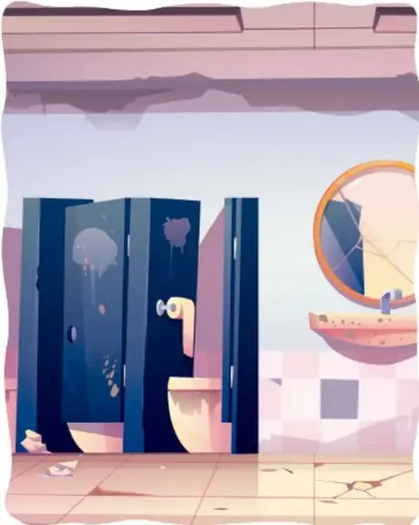 Ilustración de los baños de la escuela con inodoros y lavamanos, mostrando el espacio donde ocurre la escasez de agua.