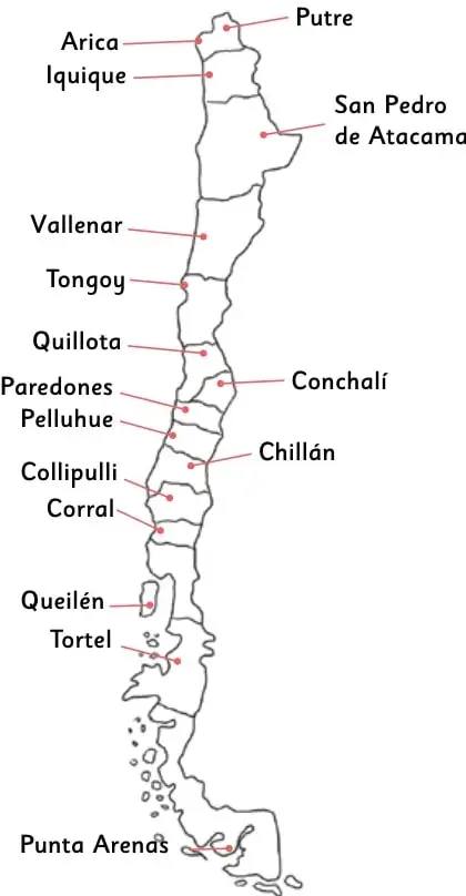 Mapa de Chile con puntos y nombres de localidades: Putre, Arica, Iquique, San Pedro de Atacama, Vallenar, Tongoy, Quillota, Paredones, Conchalí, Pelluhue, Chillán, Collipulli, Corral, Queilén, Tortel y Punta Arenas.