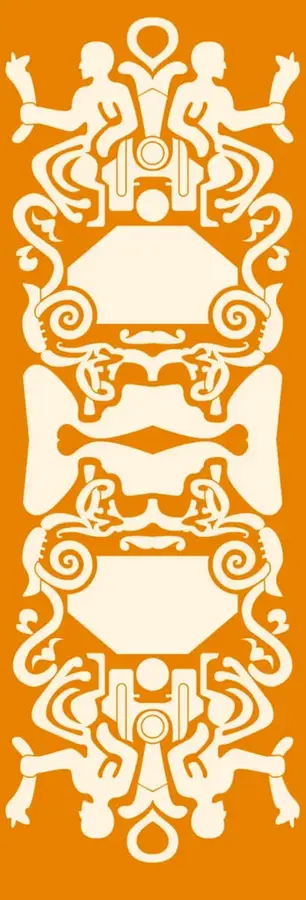 Ilustración ornamental de estilo prehispánico en tonos crema sobre fondo naranja, con figuras humanas simétricas que acompañan el título del tema.