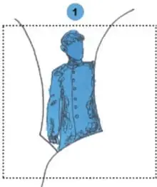 Tres viñetas numeradas (1, 2, 3) con siluetas azules de personajes realizando distintas acciones dramáticas (de pie, agachado bajo un mueble, con un objeto en alto), enmarcadas en recuadros punteados.