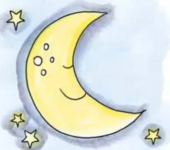 Ilustración de una luna amarilla sonriente con ojos y boca, rodeada de estrellas sobre un fondo celeste.