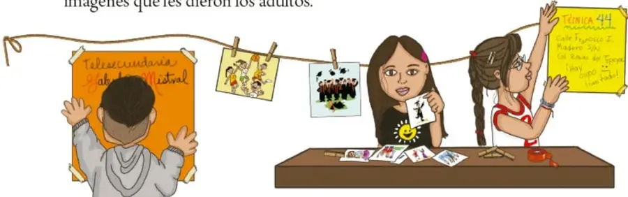 Ilustración de un tendedero con carteles escolares (Telesecundaria 'Rafael Ramírez', Técnica 44) y fotografías colgadas; tres estudiantes los observan y sostienen imágenes.