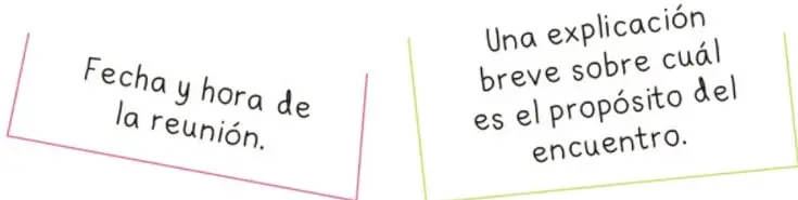 Dos globos de diálogo: uno rosa con el texto 'Fecha y hora de la reunión' y otro verde con 'Una explicación breve sobre cuál es el propósito del encuentro'.