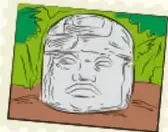 Pequeño dibujo de una cabeza de piedra estilo olmeca entre vegetación.