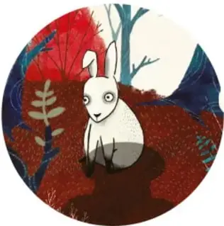Ilustración circular de un conejo blanco de pie en un bosque rojizo y oscuro, con ramas y hojas alrededor.
