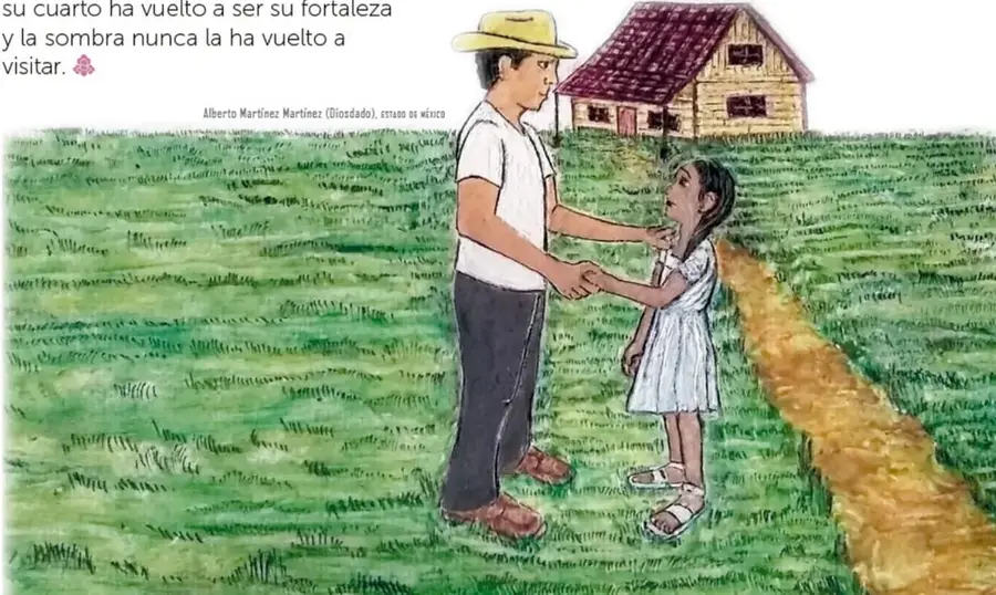 Ilustración: un hombre adulto con sombrero de paja y camiseta blanca toma de las manos a Xareni, niña de vestido blanco, en un prado verde con sendero de tierra y una casa de madera con techo rojo al fondo; la niña le cuenta algo mientras él la escucha atento. Firma: Alberto Martínez Martínez (Dizedded), Estado de México.