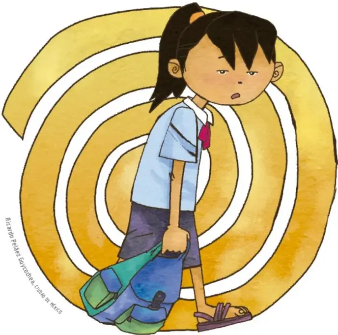 Ilustración de una niña con uniforme escolar (camisa celeste, corbata roja, falda azul) cargando una mochila verde y azul. Está de pie, con expresión de duda o cansancio, frente a un gran espiral amarillo con líneas blancas que simboliza un sueño o remolino. Crédito lateral: Ricardo Peláez Goycochea, Ciudad de México.