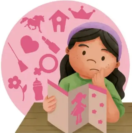 Niña con expresión pensativa leyendo un libro con figura de niña; a su alrededor, íconos rosas de estereotipos asociados a mujeres: coronas, corazón, tacones, brocha, cuchara, casa, flor, espejo. Crédito: Luis Ángel, Ciudad de México.