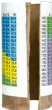 Tabla de valores de IMC con columnas coloreadas en azul, verde, amarillo y rojo, con medidas de $9 \, \text{cm}$ de alto, $14 \, \text{cm}$ de ancho y $1 \, \text{cm}$ de pestaña.
