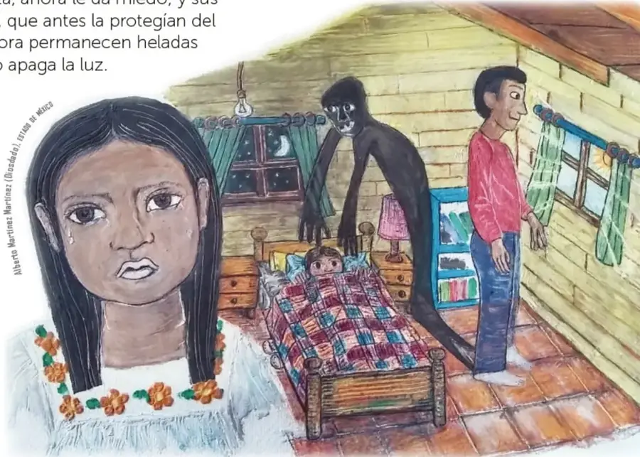 Ilustración de noche en un cuarto: retrato en primer plano de Xareni, niña con cabello largo y blusa bordada de flores, con lágrimas; al fondo, ella dormida en su cama a cuadros mientras una gran sombra negra alarga sus brazos hacia ella; un hombre adulto (la sombra de día) está de pie junto a la cama, mirando hacia la ventana con cortinas verdes. Firma del ilustrador Alberto Martínez Martínez (Dizedded), Tetela de Ocampo.